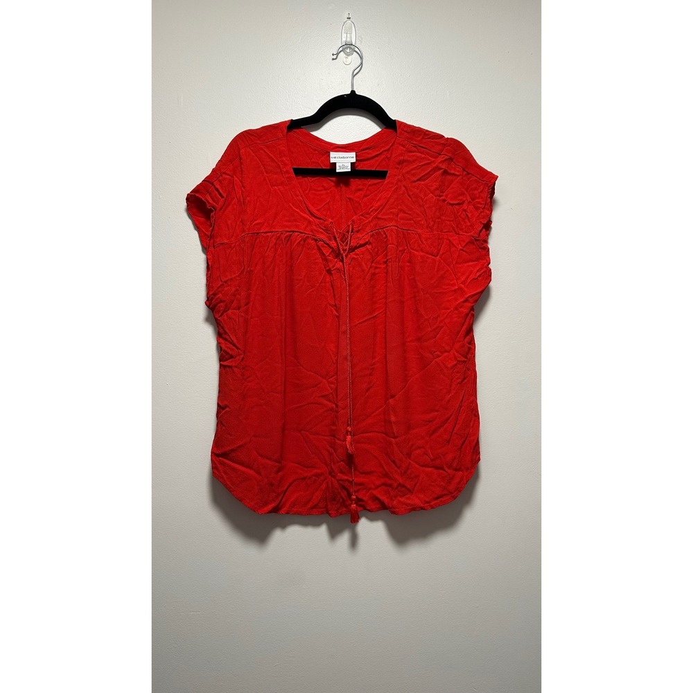 Liz Claiborne Red Lace Up Tassel V-Neck Blouse XL Short Sleeve Viscose Top